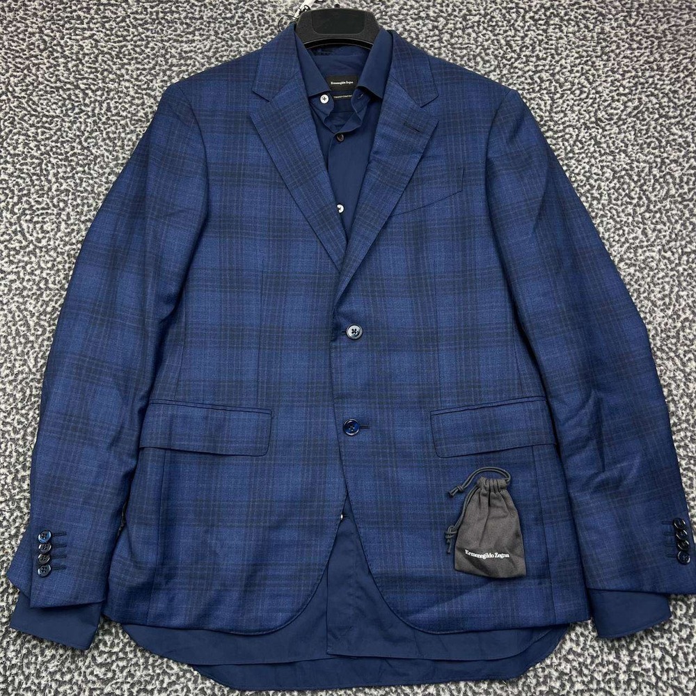 Ermenegildo Zegna Sport‎ Coat Men Size 48 Blue Checked Suit 2 Button Wool Silk